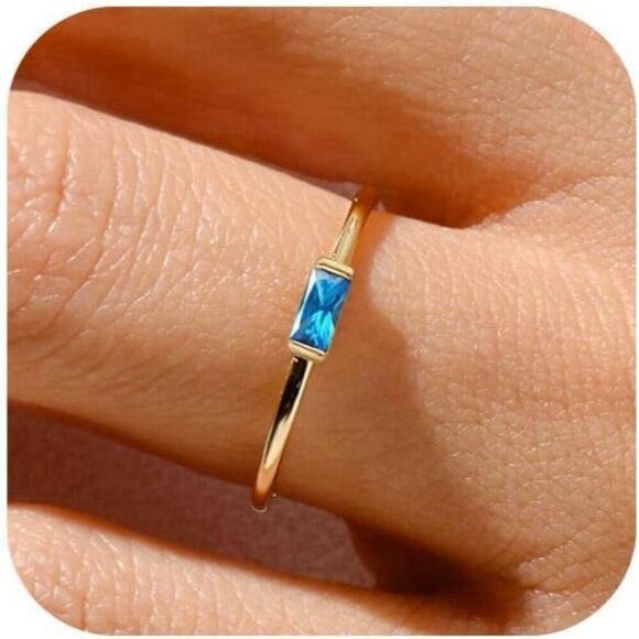 Jewelry - Women Blue/gold Non Tarnish Dainty 14k Gold Plated Baguette Emerald Stone Ring